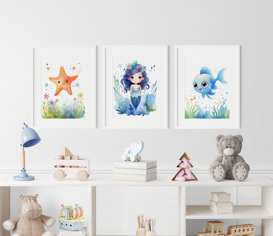 Magical Mermaid and Friends Nursery Wall Art Set
