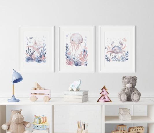Blue Creatures Nursery Wall Art Set
