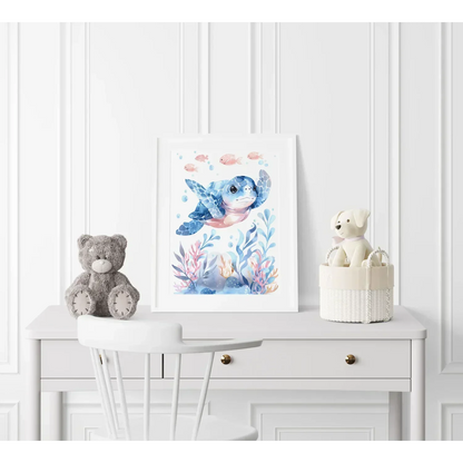 Blue Turtle Nursery Wall Art Framed Print - Print