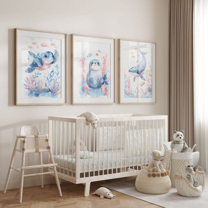 Blue Turtle Seal and Whale Nursery Wall Art Set of 3 Framed Prints
