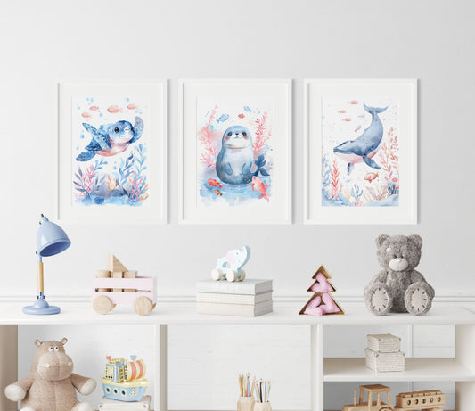 Blue Turtle Seal and Whale Nursery Wall Art Set