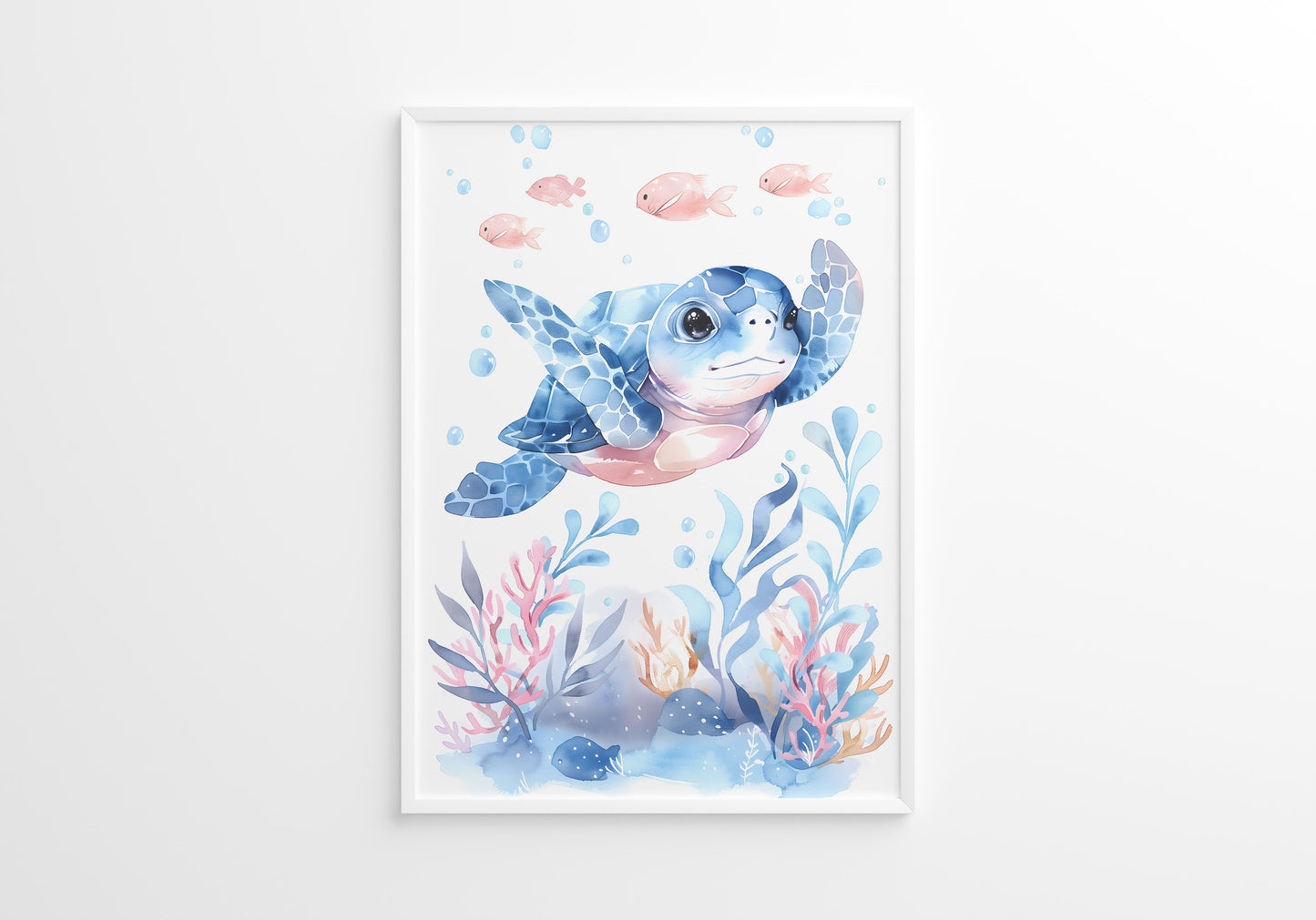 Blue Turtle Seal and Whale Nursery Wall Art Set of 3 Framed Prints