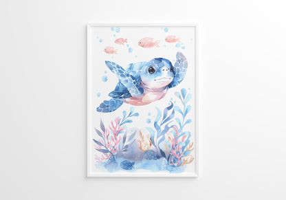 Blue Turtle Seal and Whale Nursery Wall Art Set of 3 Framed Prints