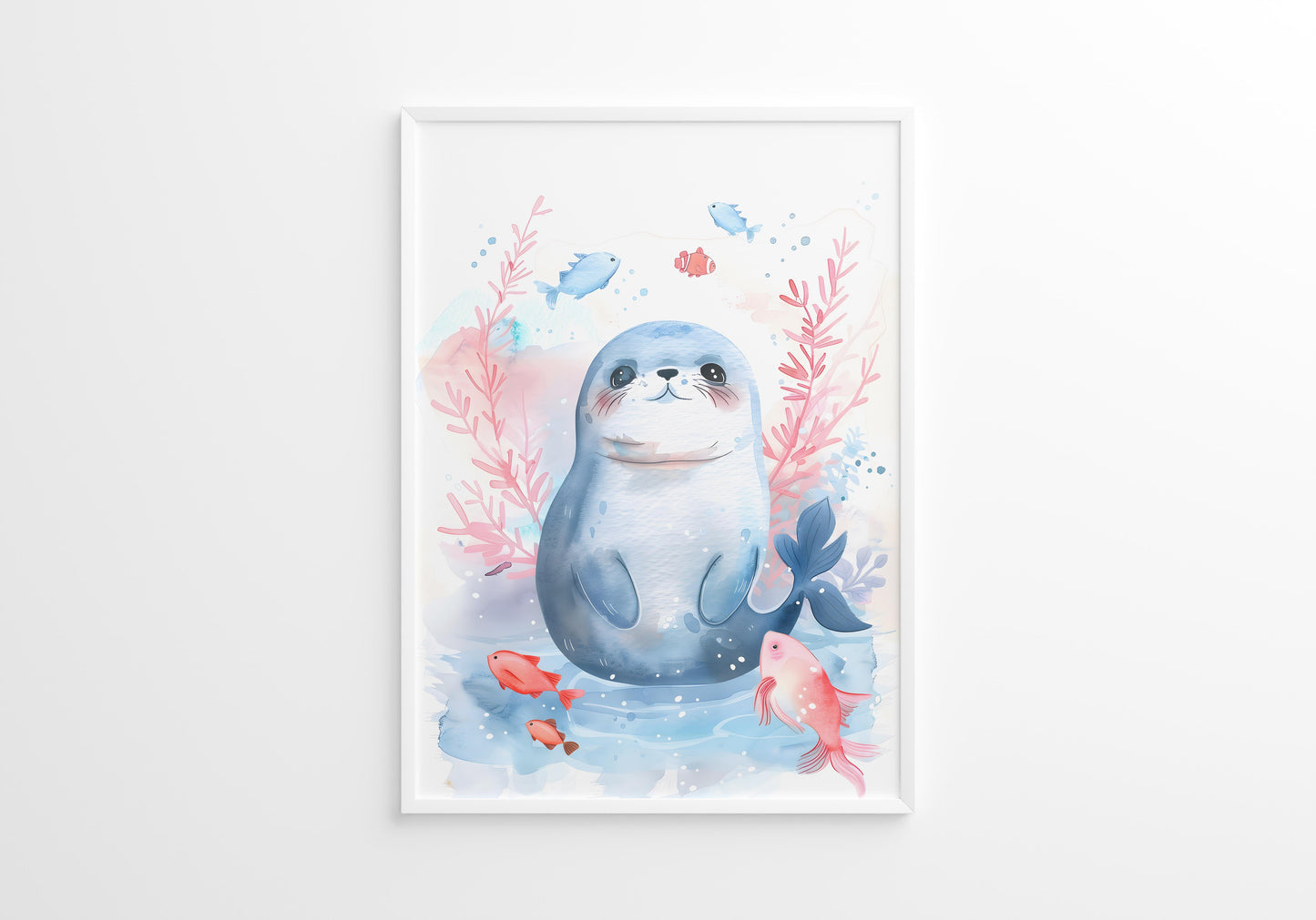 Blue Turtle Seal and Whale Nursery Wall Art Set of 3 Framed Prints