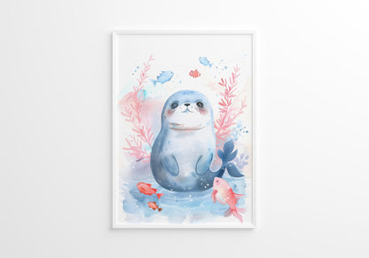 Blue Turtle Seal and Whale Nursery Wall Art Set of 3 Framed Prints