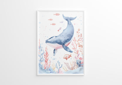 Blue Turtle Seal and Whale Nursery Wall Art Set of 3 Framed Prints